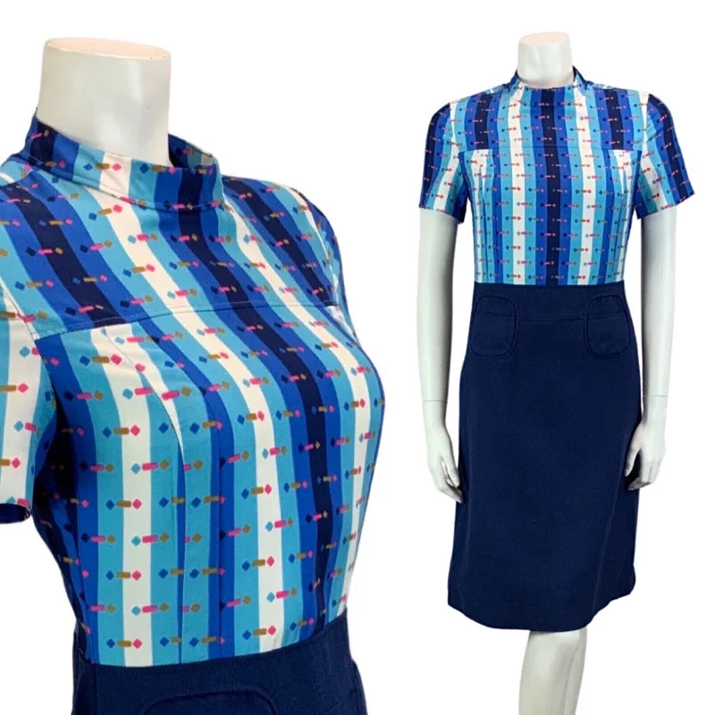 Today’s Deal VINTAGE 60s 70s NAVY BLUE HIGH NECK LIGHT BLUE WHITE PATTERNED PINK MIDI DRESS 6