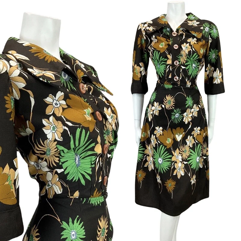 Limited Time Offer VINTAGE 60s 70s DARK BROWN GREEN FLORAL PRINT MIDI BOHO FOLK DRESS 10 12