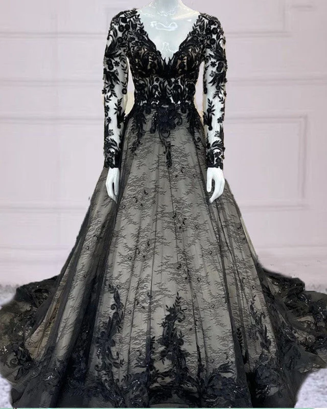 Must-Have Deals Gothic Black Lace Wedding Dresses Long Sleeves