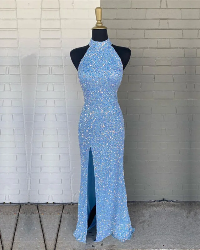 Deal Frenzy Mermaid Sequin Halter Slit Dress