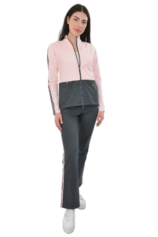 Savings Bonanza Athleisure Warm Up Suits Color Block Racer Stripe 2 PC Set (Blush Pink/Charcoal)