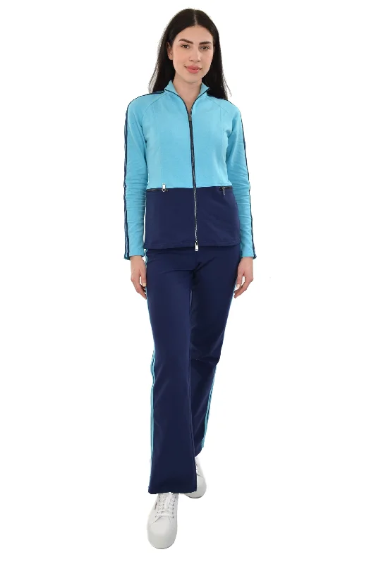Deal Mania Athleisure Warm Up Suits Color Block Racer Stripe 2 PC Set (Turquoise/Navy)
