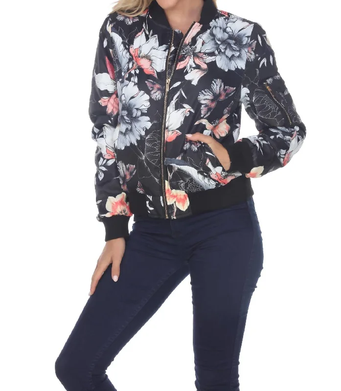 Deep Discounts Floral Bomber Jacket In Black