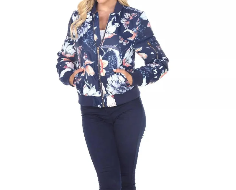 Big Discounts Floral Bomber Jacket In Navy