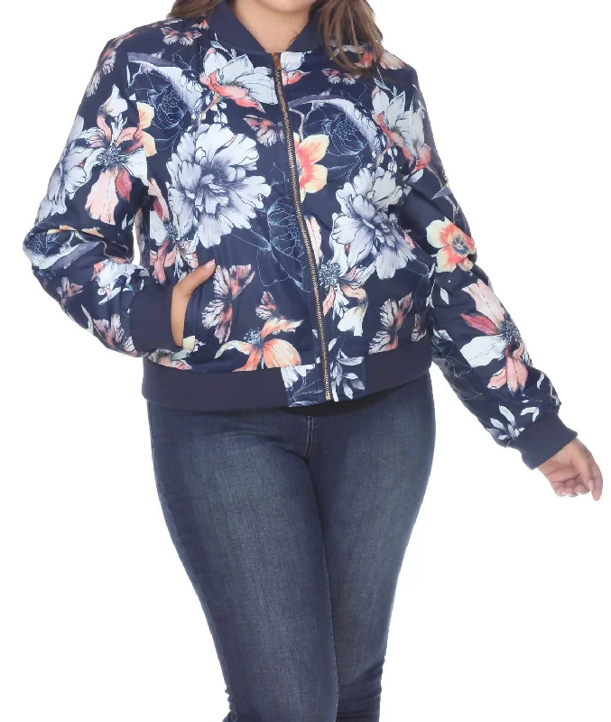 Bargain Prices Floral Bomber Jacket - Plus Size In Navy