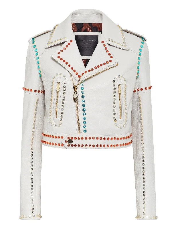 YEAR-End Sale Leather Biker Cropped Crystal Stones with Crystals