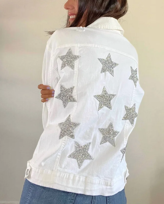 Shop and Save Oversized Crystal Star Jean Jacket In White