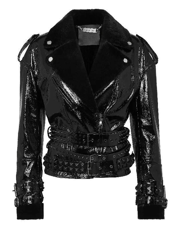 Can't Miss Oversized Shearling & Patent Leather Jacket