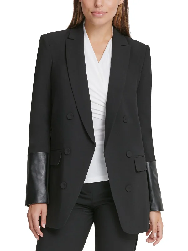 Deal of the Week Petites Womens Faux Leather Trim Special Evening Double-Breasted Blazer