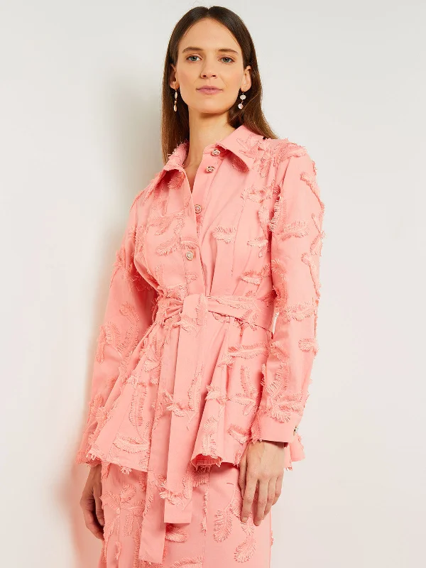 Can't Be Beat Tailored Fit Button Front Jacket - Belted Fringe Applique Cotton