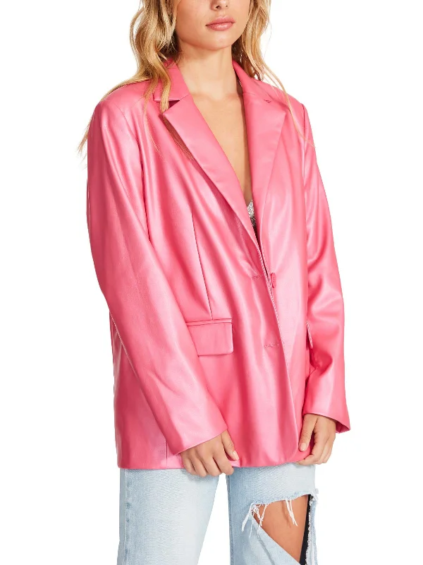 Referral Discount Womens Faux Leather Office Two-Button Blazer