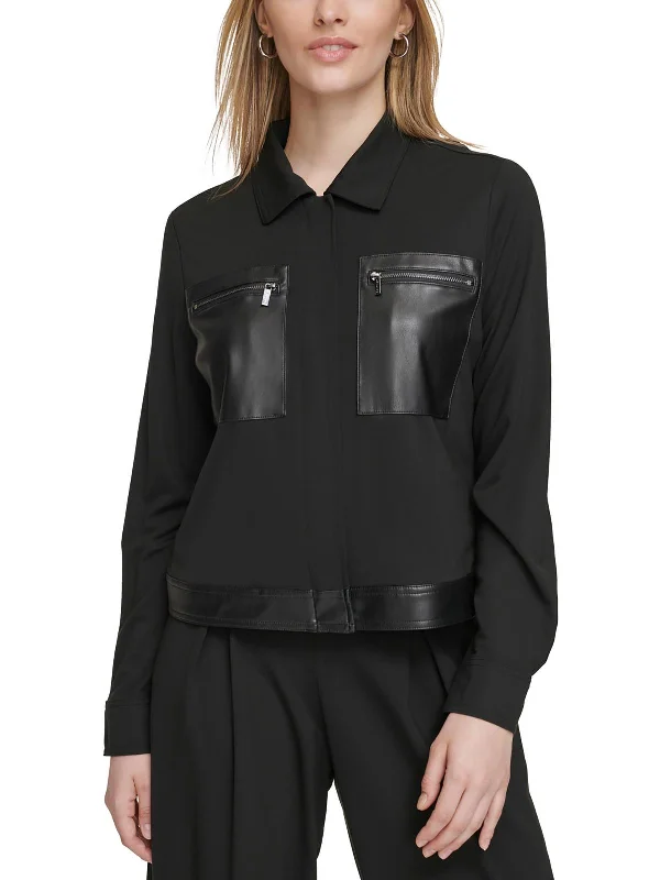 Lowest Prices Womens Faux Leather Trim Nylon Trucker Jacket