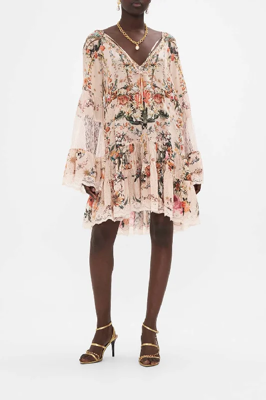 Great Deals A-LINE GATHERED PANEL DRESS WITH LACE ROSE GARDEN REVOLUTION