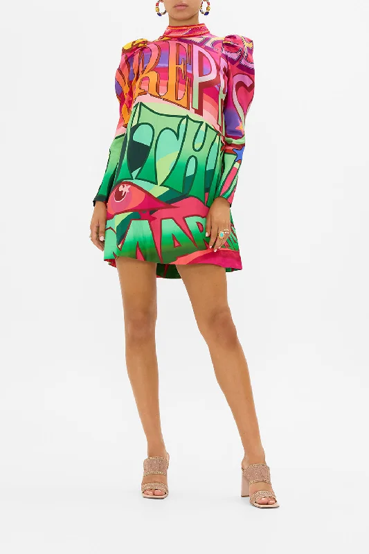 Exclusive Offers PUFF SLEEVE HIGH NECK MINI DRESS PURE PRISM