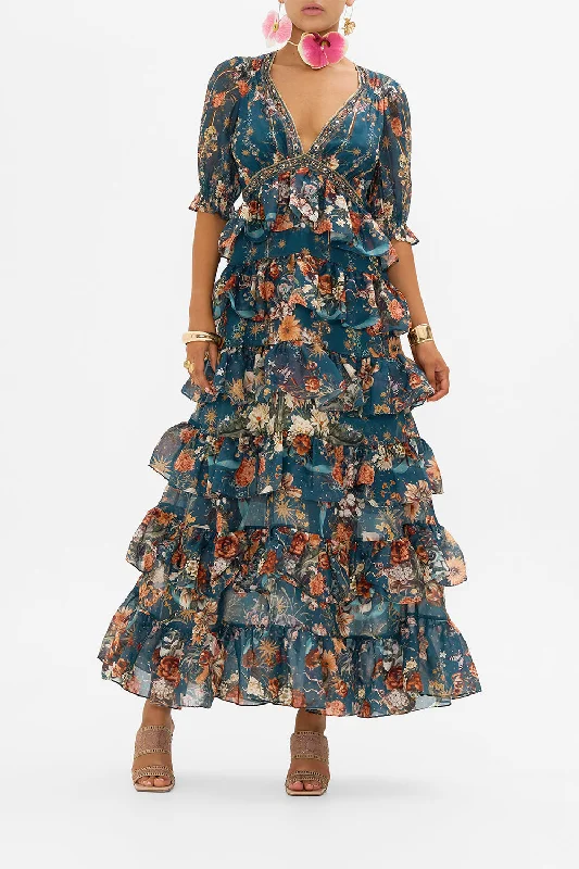 Shop and Save PUFF SLEEVE TIERED SKIRT LONG DRESS SHE WHO WEARS THE CROWN