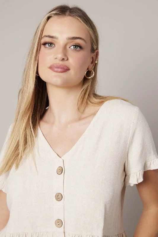 Overstock Beige Button Up Top V-Neck Frill Hem Top Linen