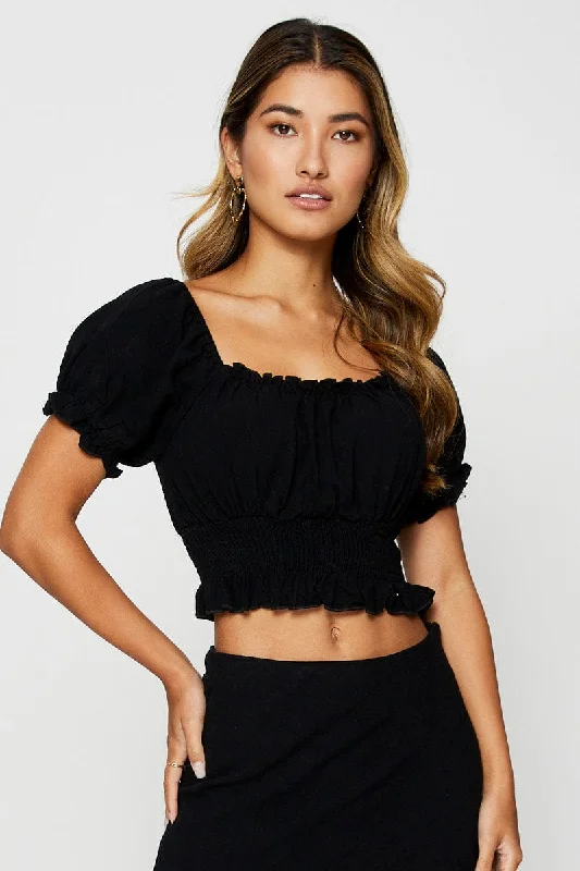 Today Only Black Puff Sleeve Top Short Sleeve Crop