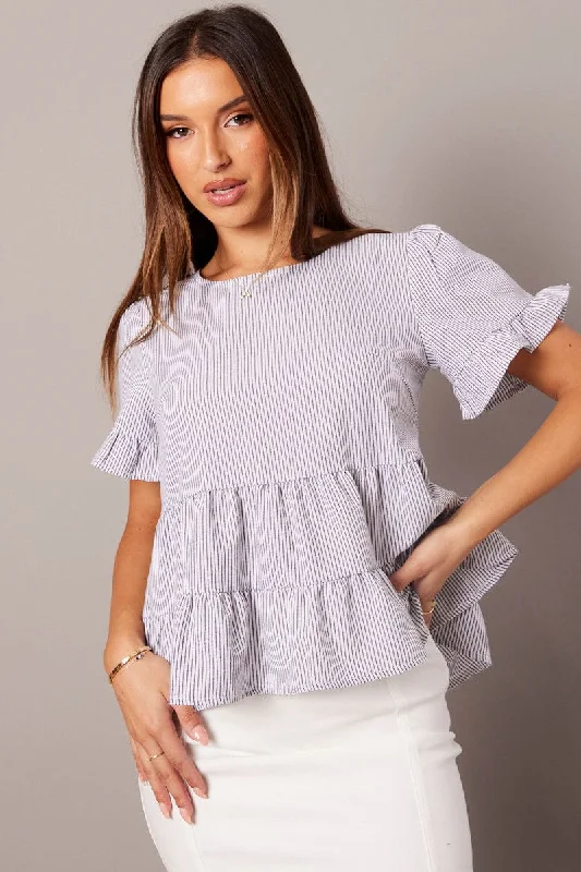 Special Promotion Black Stripe Ruffle Top Short Sleeve