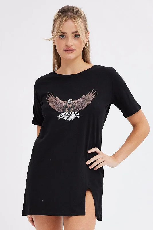 Super Savings Black Tee Dress Short Sleeve Graphic Print