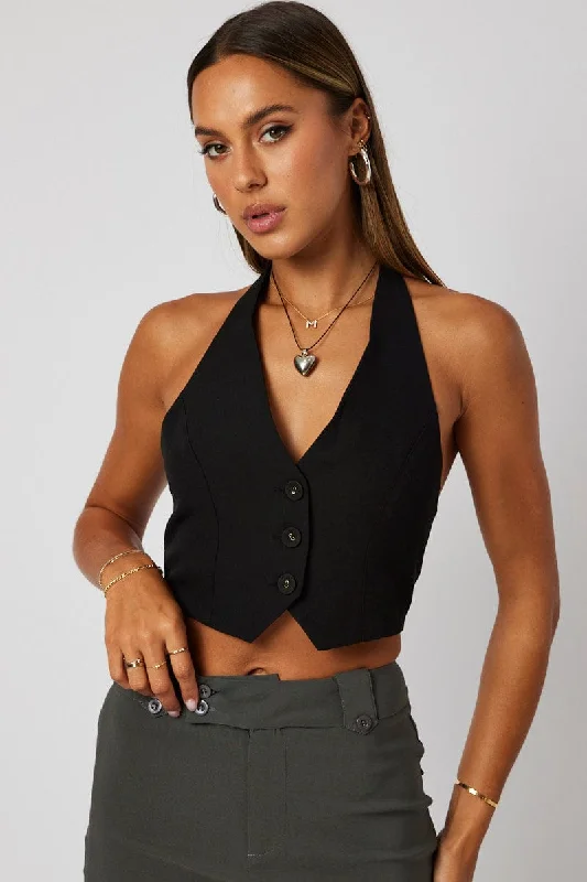 Midnight Sale Black Vest Top Halter Neck Button Top