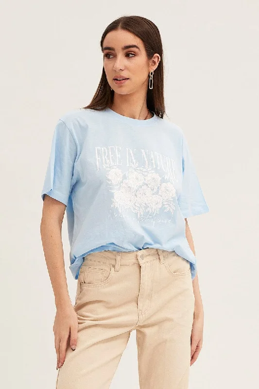 Major Savings Blue Crew Neck Oversized Graphic T-Shirt