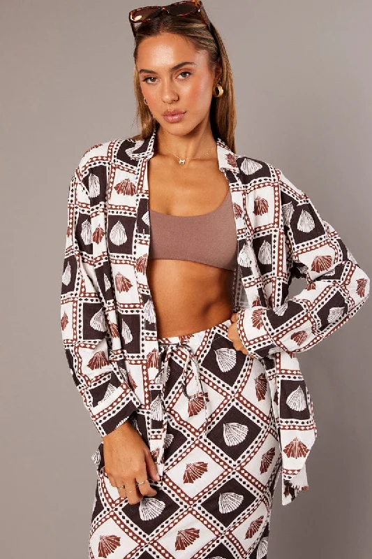 Buy Now Brown Abstract Relaxed Shirt Long Sleeve Linen Blend