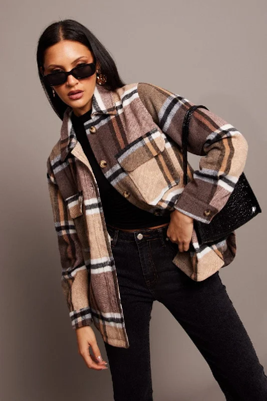 Discount Deals Brown Check Shacket Long Sleeve Lined