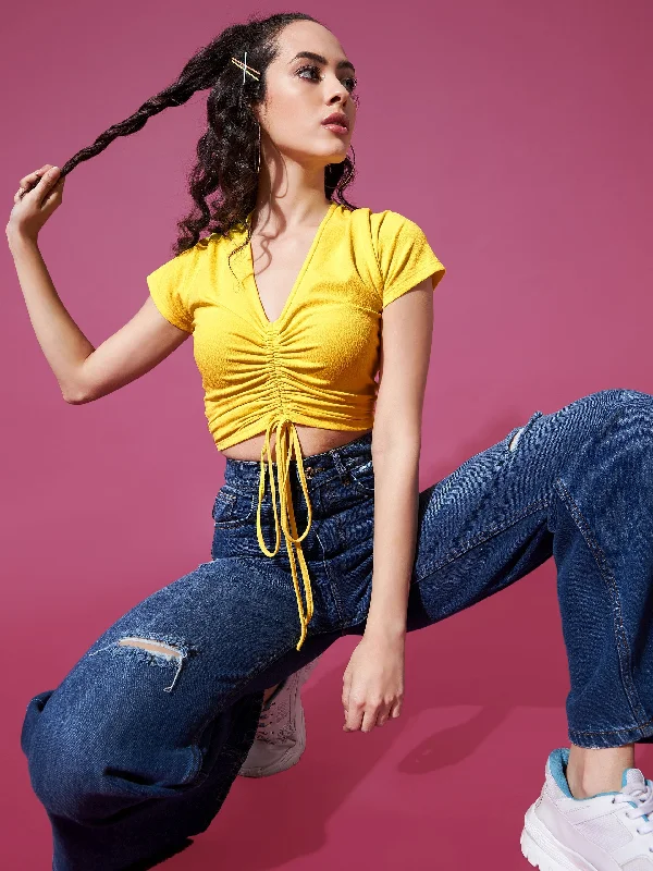 Hurry In Cotton Stretchable Front Drawstring Crop Top