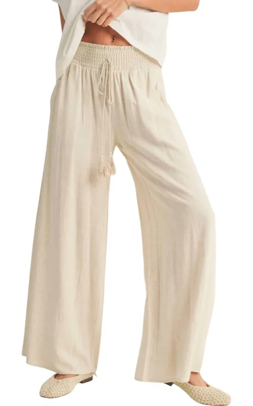 Extra Savings Cotton Linen Smocked Waist Pants In Sand