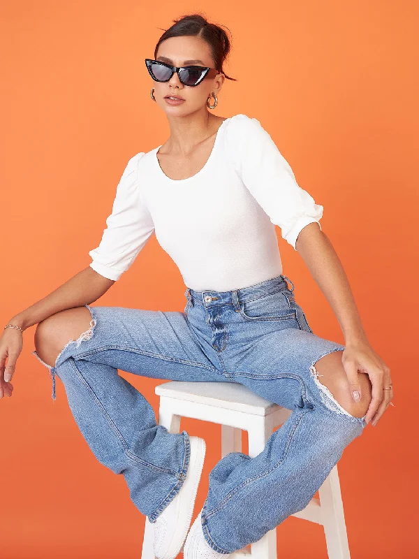 Weekend Deal Cotton Solid Stretchable Round Neck Puff Sleeve Top