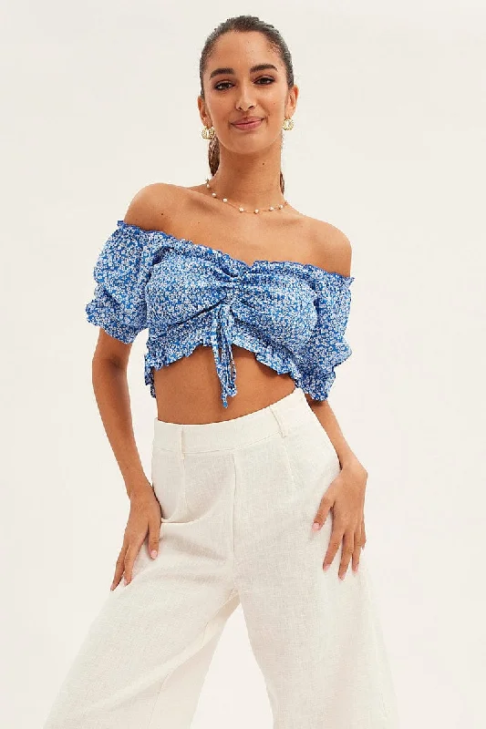 Massive Deals Ditsy Print Shirred Top Short Sleeve Crop Rayon