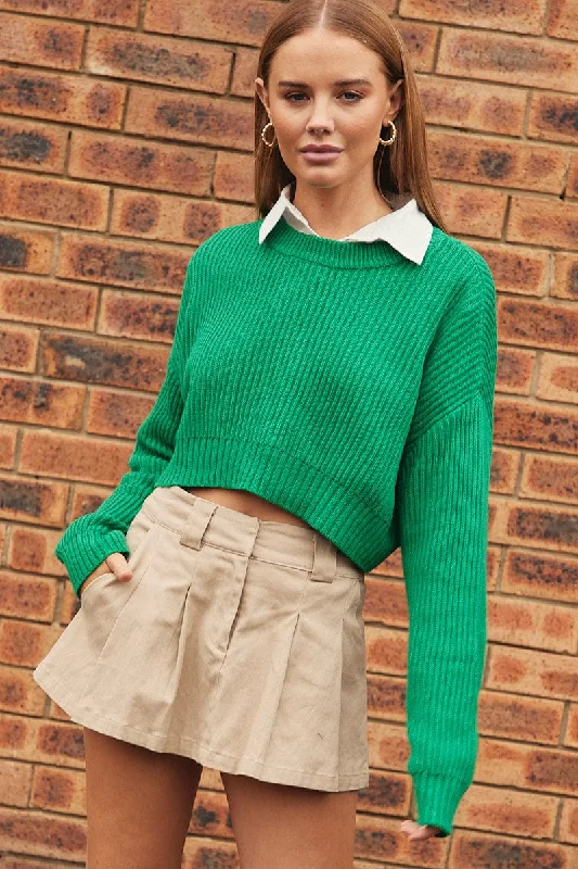 Stock Clearance Green Knit Jumper Round Neck Long Sleeve Crop Cotton