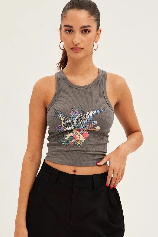 The Best Prices Grey Tank Sleeveless Crew Neck Rib Eagle Graphic