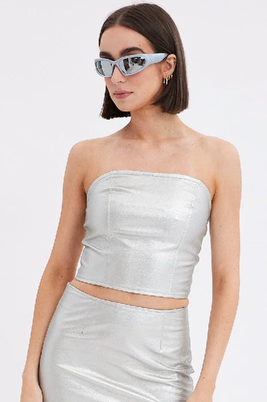 Great Deals Metallic Corset Top Sleeveless Strapless Bandeau PU Silver