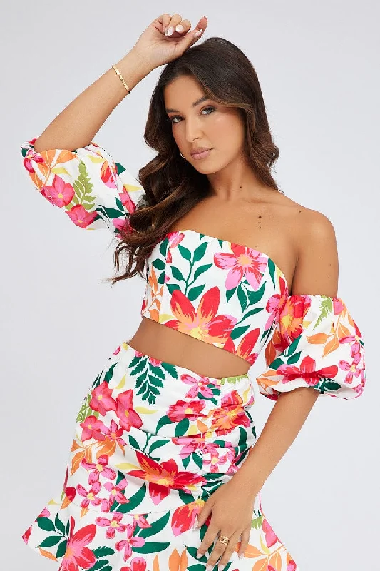 Sale Event Multi Floral Crop Top Balloon Sleeve Corset Top