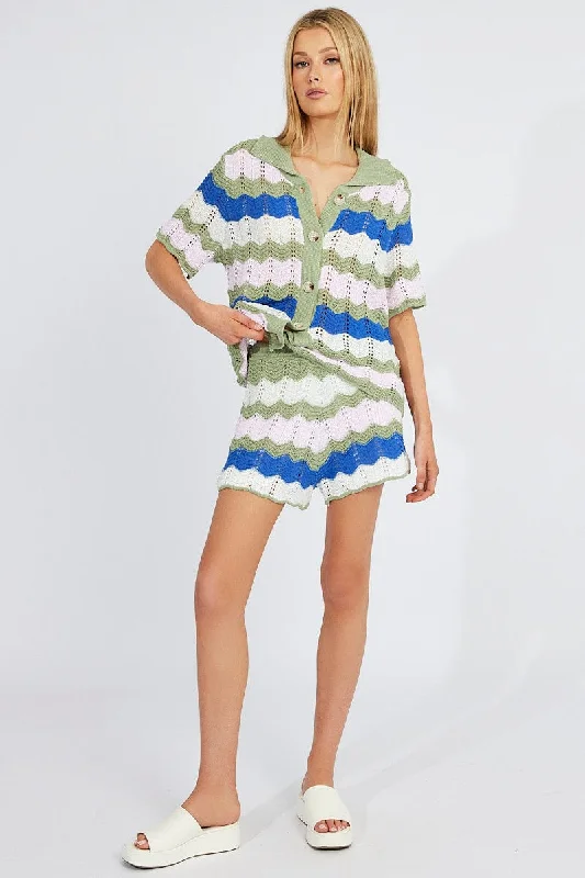 Amazing Deals Multi Stripe Collar Knit Cardigan Short Sleeve