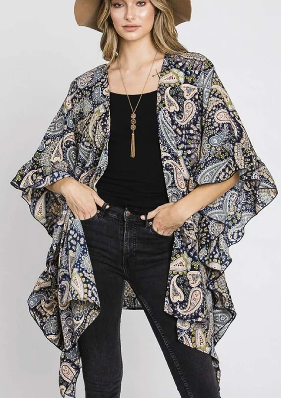 Gorgeous Paisley Print Side Ruffled Kimono Made in USA