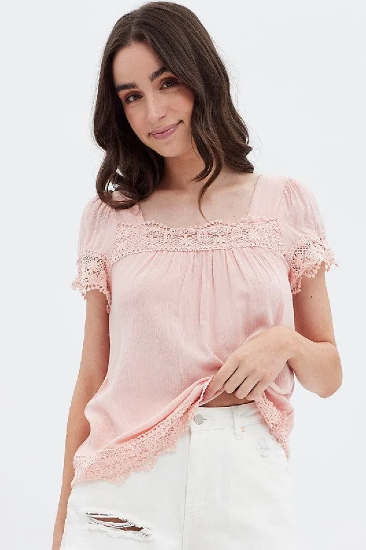 Deep Discounts Pink Lace Trim Top