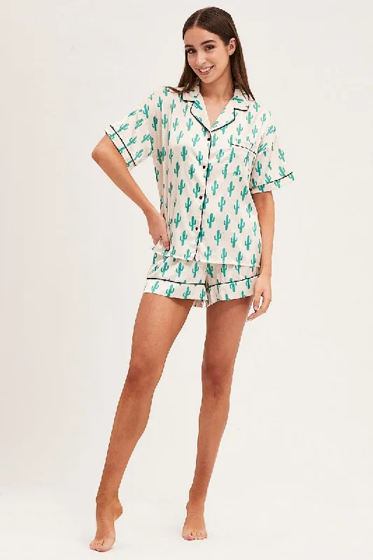 Today’s Deal Print Short Sleeve Top & Shorts Satin Pj Set
