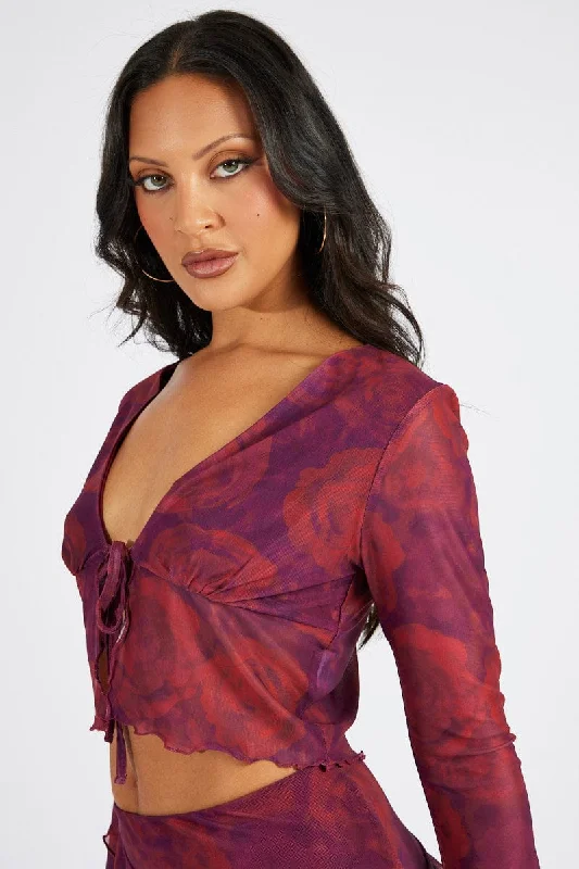 Online Exclusive Red Floral Tie up Cardigan Long Sleeve