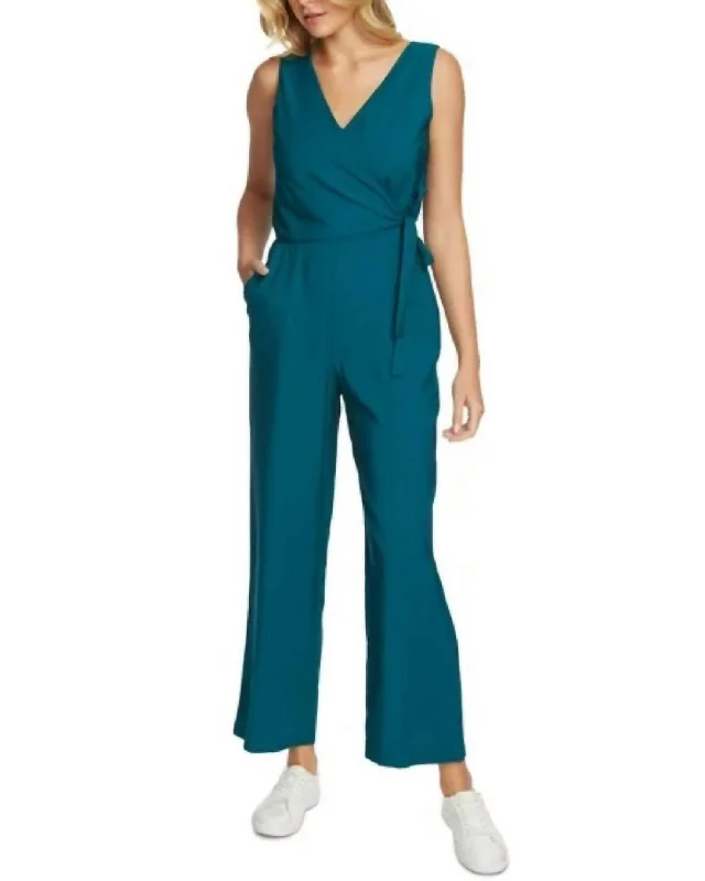 Clearance Sale Sleeveless Vneck Wrap Cropped Jumpsuit In Blue Green