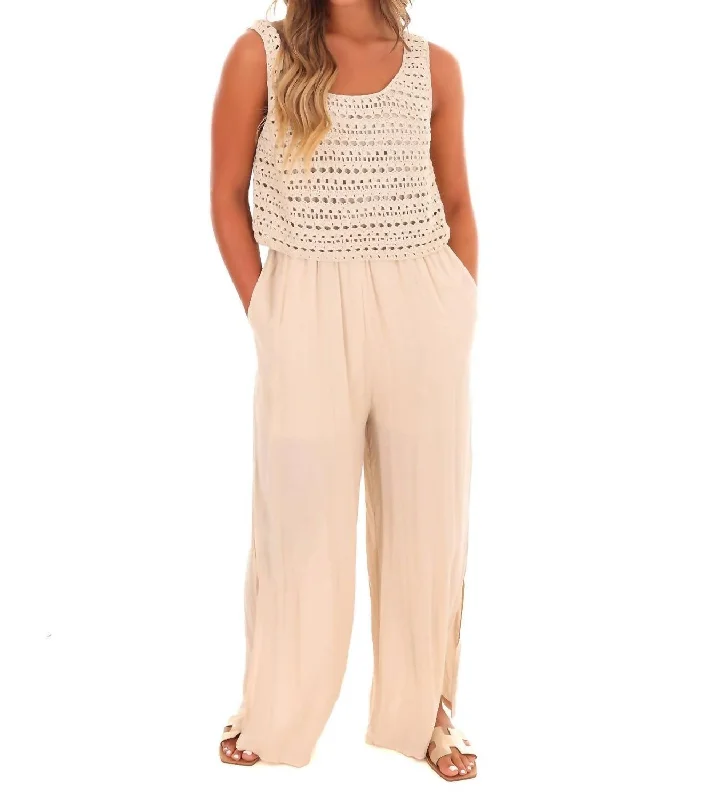Limited Availability Walk On The Beach Crochet Jumpsuit In Shell