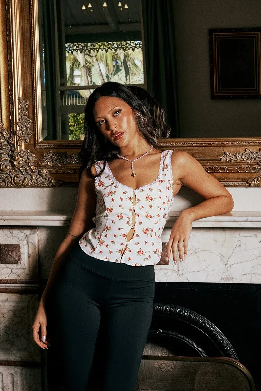 Can't Miss White Ditsy Floral Top Sleeveless Tie Front
