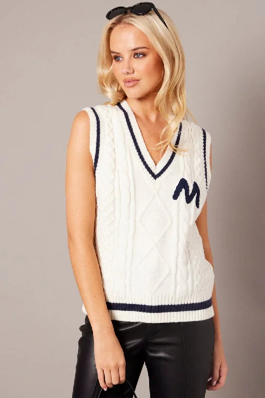 Deal Zone White Knit Vest Sleeveless V Neck Cable