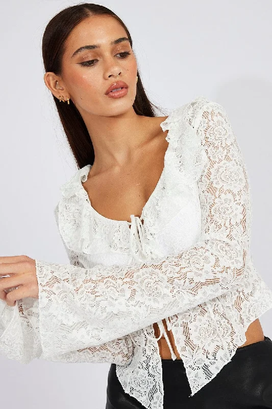 Don't Miss White Lace Tie Up Top Long Sleeve