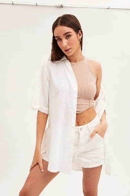 Unbeatable Prices White Long Line Roll Sleeve Collared Button Front Shirt