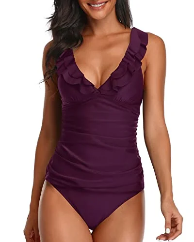 Ruffle Flounce Tankini Ruched Swimwear For Women-Maroon