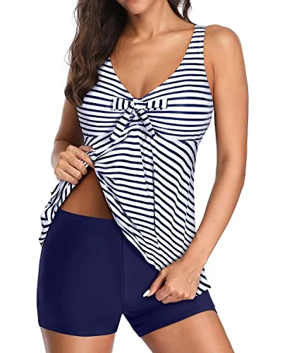 Hot Deal Bowknot Front V Neck Tankini Bathing Suits Boyshorts For Women-Blue White Stripe Hot Deal Bowknot Front V Neck Tankini Bathing Suits Boyshorts For Women-Blue White Stripe