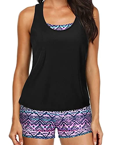 Price Cut Women's Slimming Tankini Boyshorts And D-Ring Strappy Tankini-Black And Tribal Purple Price Cut Women's Slimming Tankini Boyshorts And D-Ring Strappy Tankini-Black And Tribal Purple