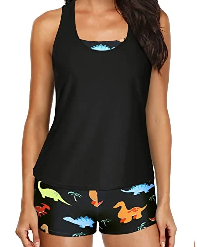Steals and Deals Strappy D-Ring Back Tankinis Shorts And Bra And Boyshorts-Black Dinosaur Steals and Deals Strappy D-Ring Back Tankinis Shorts And Bra And Boyshorts-Black Dinosaur